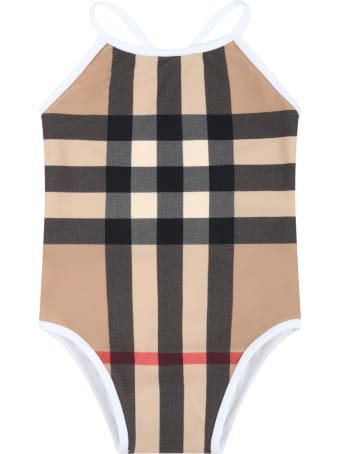 Burberry Biege Swimsuit For Baby Girl With Iconic Vintage Check