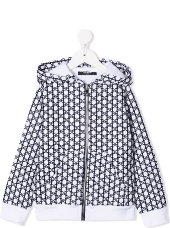 Balmain Kids Monogram White And Black Sweatshirt With Zip And Hood