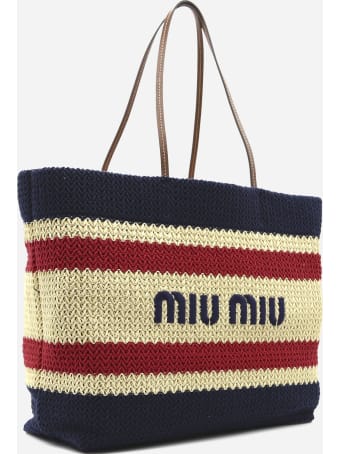 Miu Miu Shoulder Bag In Raffia And Cotton With Contrasting Embroidered Logo