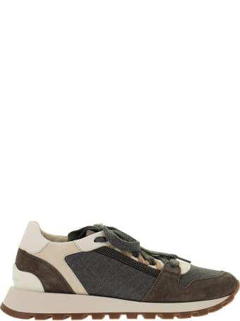 Brunello Cucinelli Runners In Suede, Virgin Wool And Textured Leather With 'precious Insert'
