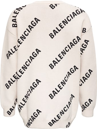 Balenciaga White Wool Blend Sweater With Allover Logo Print