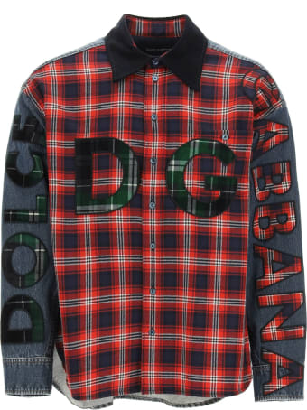 Dolce & Gabbana Oversized Denim And Flannel Shirt With Logo