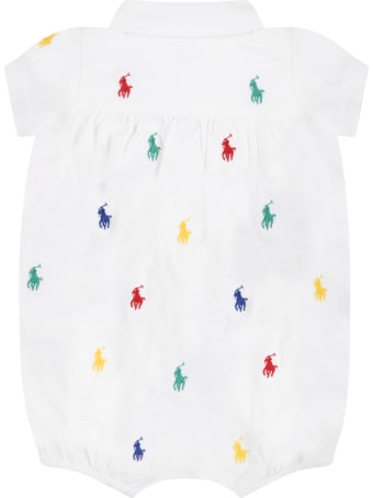Ralph Lauren White Romper For Baby Girl With Pony Logos