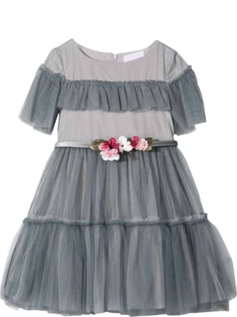 Monnalisa Grey Girl Dress With Flowers Application