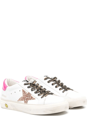 Golden Goose Kid White Super-star Sneakers With Pink Glitter Star And Leopard Laces