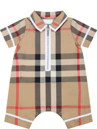 Burberry Beige Romper For Baby Boy With Check Vintage