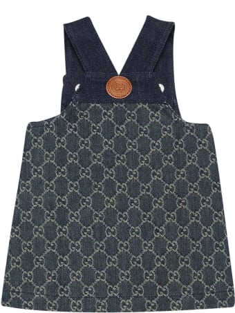 Gucci Blue Denim Dress With Straight Hem, No Sleeves And Logo Application