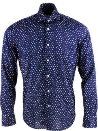 Sonrisa Luxury Shirt In Soft, Precious And Very Fine Stretch Cotton Flower With French Collar In Two-tone Grain Of Rice Print