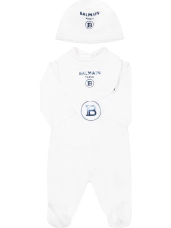 Balmain White Set For Baby Boy With Blue Logo