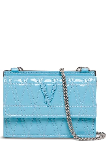 Versace Quilted Blue Glossy Leather Card Holder