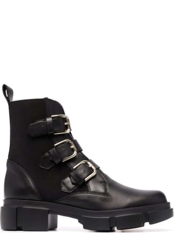 Pollini Black Leather And Fabric Ankle Boots With Buckles