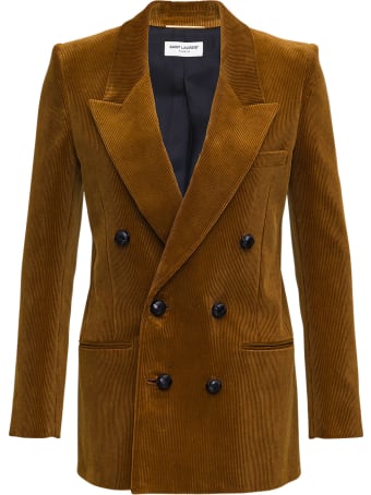 Saint Laurent Double-breasted Blazer In Brown Suede Leather