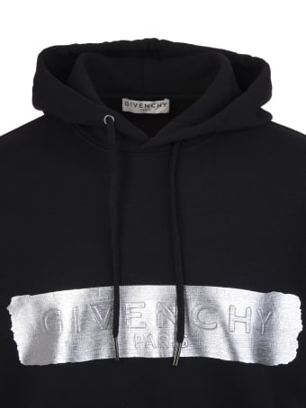 Givenchy Man Black Hoodie With Givenchy Stripe In Silver Latex
