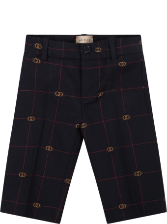 Gucci Blue Trousers For Baby Boy With Logo