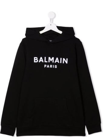 Balmain Kids Black Hoodie With White Velvet Logo