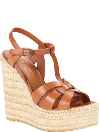 Saint Laurent Brown Leather Tribute Espadrilles Wedge