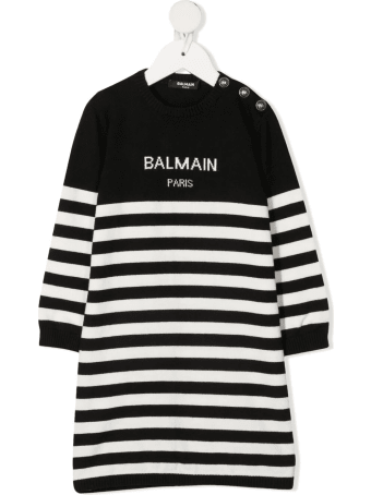 Balmain Black And White Striped Newborn Dress With Logo