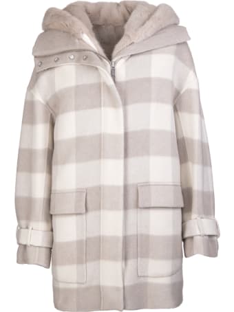 Kiton Woman Beige And White Overcoat With Check Pattern