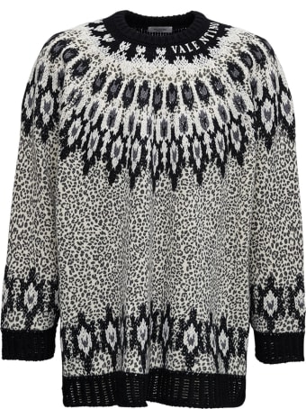 Valentino Crew Neck Wool Sweater With Animal Print And Embroidery