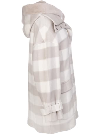 Kiton Woman Beige And White Overcoat With Check Pattern
