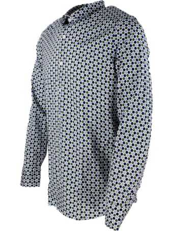 Sonrisa Luxury Shirt In Soft, Precious And Very Fine Stretch Cotton Flower With French Collar In Multicolor Polka Dot Print In Contrasting Color