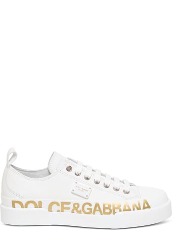 Dolce & Gabbana Portofino White Leather Sneakers With Golden Logo Print