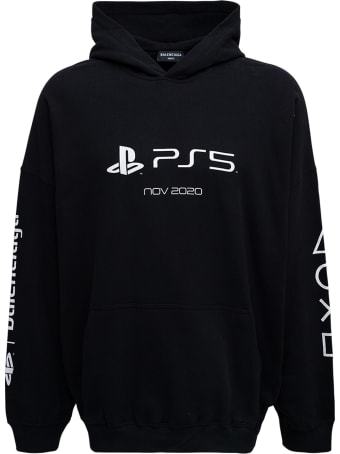 Balenciaga Black Cotton Hoodie With Boxy Print