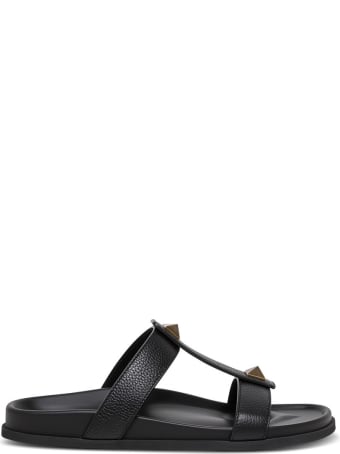 Valentino Garavani Roman Stud Slide Sandals In Black Leather
