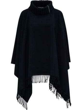 Fabiana Filippi High Neck Wool Blend Black Cape With Fringes