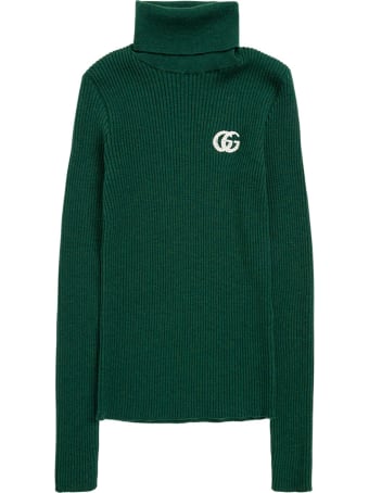 Gucci High Neck Sweater In Green Wool With Logo