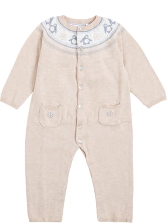 Tartine et Chocolat Beige Wool And Cotton Onesie With Winter Print