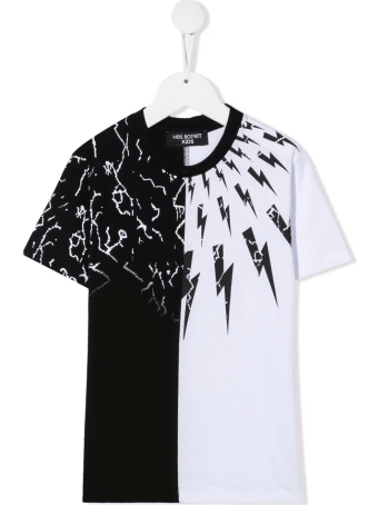 Neil Barrett Kids Black And White T-shirt With Fairisle Thunderbolt Motif