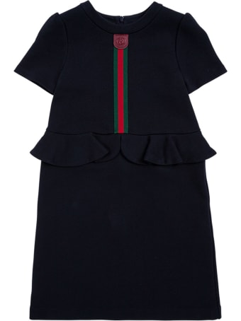 Gucci Blue Cotton Dress With Web Detail And Ruffles