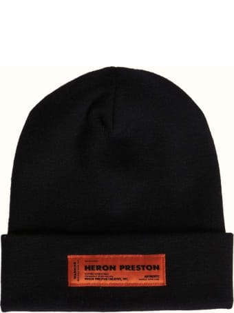 HERON PRESTON Beanie In Black Knit With Logo Patch And Turn-up Brim
