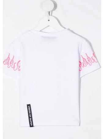 Vision of Super Unisex Kid White T-shirt With Embroidered Pink Flames