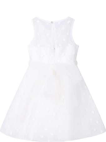 Loredana White Dress For Girl With White Embroiderd Polka-dots