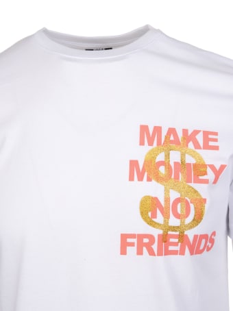 Make Money Not Friends White T-shirt With Coral Pink Logo And Golden Glitter Dollar