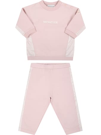 Moncler Pink Suit For Baby Girl With White Logo