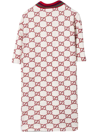 Gucci White And Red Dress With Logo, Short Sleeve, Straight Hem And Classic Collar