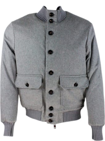 Kired Cashmere Bomber Jacket Padded In Real Goose Down With Collar, Cuffs And Details In English Rib Knit And Zip And Button Closure