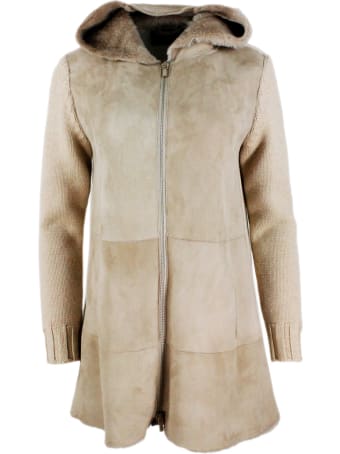 Lorena Antoniazzi Shearling Sheepskin Coat And Sweater With Hood And Zip Closure