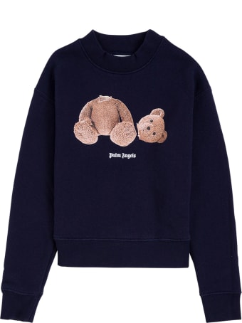 Palm Angels Blue Cotton Crew Neck Sweatshirt With Teddy Bear Print