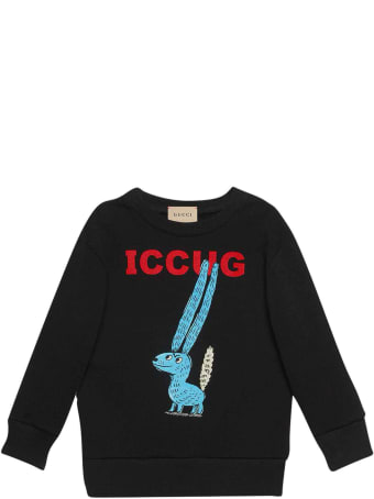 Gucci Black Sweatshirt With Frontal Colored Press, Round Neck And Long Sleeve