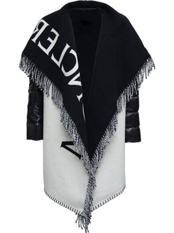 Moncler Wool And Nylon Cape With Logo Print And Fringes