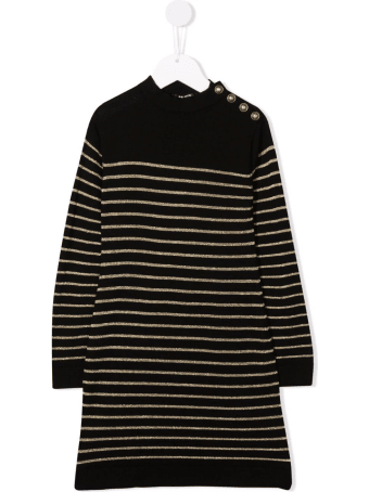 Balmain Kids Dress In Black Knit With Golden Stripes And Embossed Buttons