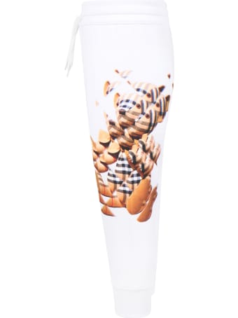 Burberry White Sweatpants For Kids With Iconic Teddy Bear