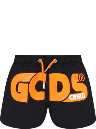 GCDS Mini Black Swim Short For Boy With Logo