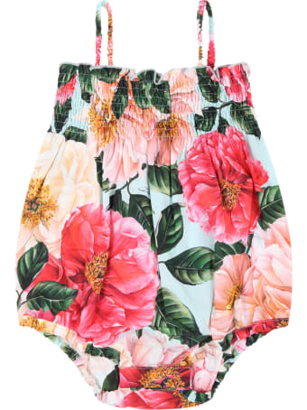 Dolce & Gabbana Light Blue Romper For Babygirl With Camellias