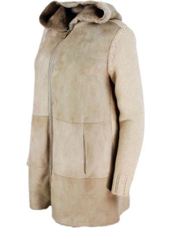 Lorena Antoniazzi Shearling Sheepskin Coat And Sweater With Hood And Zip Closure
