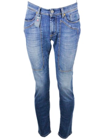 Jeckerson 5-pocket Denim Jeans Trousers In Stretch Cotton With Stitching On Zip Patch With Slim Fit